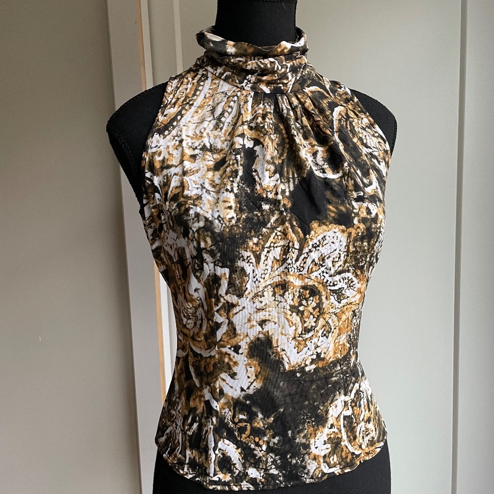 High Neck Sleevless Halter with Gold Black White Graphic Paisly